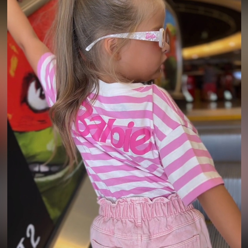 Cotton On Girls Barbie Pink and White Striped Tee 6